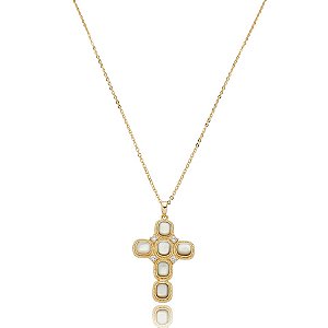 Colar Elaine Palma crucifixo madrepérola zircônia ouro semijoia