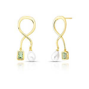 Brinco pêndulo pérola barroca cristal verde claro ouro semijoia