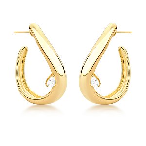 Brinco meia argola curvada cristal ouro semijoia
