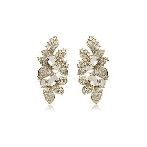 Brinco folhas zircônia ouro semijoia