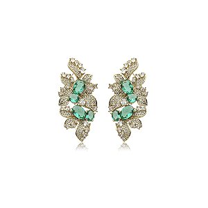 Brinco folhas zircônia verde ouro semijoia