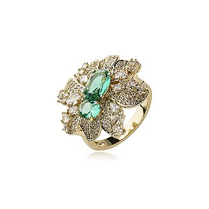 Anel folhas zircônia verde ouro semijoia