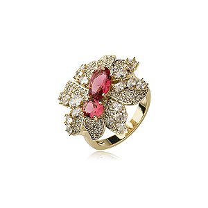 Anel folhas zircônia pink ouro semijoia