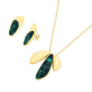 Colar e brinco geométrico pedra natural esmeralda ouro semijoia