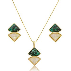 Colar e brinco geométrico pedras naturais esmeralda e nautilus ouro semijoia