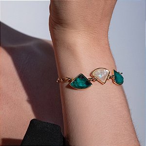 Pulseira geométrica pedras naturais esmeralda e nautilus ouro semijoia