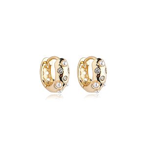 Brinco argolinha segundo furo mini pérola e zircônia ouro semijoia 24k19019