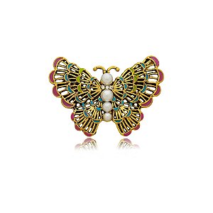 Broche borboleta pérolas ouro semijoia