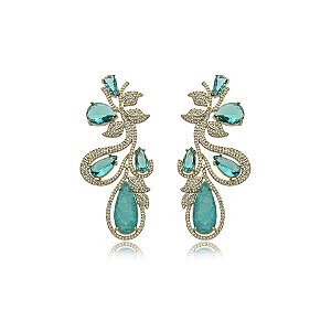 Brinco folhas cristal turmalina zircônia ouro semijoia