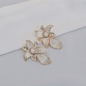 Brinco flor zircônia ouro semijoia