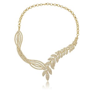 Colar folhas zircônia ouro semijoia