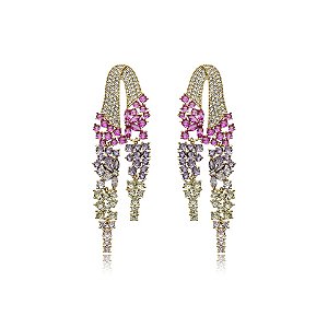 Brinco zircônias coloridas ouro semijoia HY599