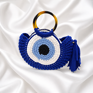 Bolsa de Crochê Olho Grego Azul com Tassel e Alça de Acrílico