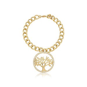 Pulseira árvore da vida zircônia ouro semijoia PU 1174