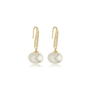 Brinco gancho pérola zircônia ouro semijoia BA 7661