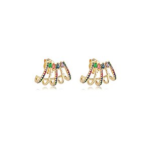 Brinco ear jacket garras zircônia colorida ouro semijoia E10169