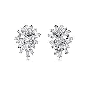Brinco flor zircônia ródio semijoia 22411