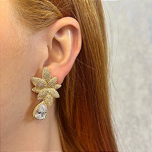 Brinco pétalas gota zircônia ouro semijoia 22411