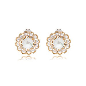 Brinco pressão flor pérola zircônia ouro 24k16009