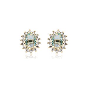 Brinco oval zircônia azul claro ouro semijoia