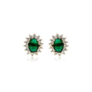 Brinco oval zircônia verde esmeralda ouro semijoia