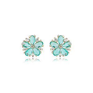 Brinco flor zircônia verde turmalina ouro semijoia 17k04025