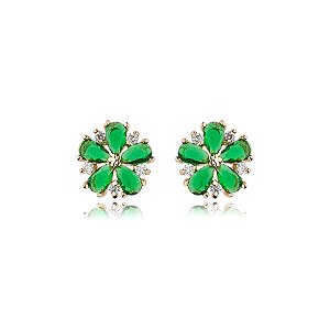 Brinco flor zircônia verde esmeralda ouro semijoia 17k04025