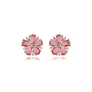 Brinco flor zircônia pink ouro semijoia 17k04025