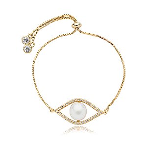 Pulseira gravatinha pérola zircônia ouro semijoia 24k15046