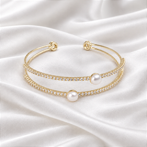 Bracelete Aro Duplo Pérola Zircônia Ouro Semijoia 24k19065