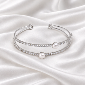 Bracelete Aro Duplo Pérola Zircônia Ródio Semijoia 24k19065