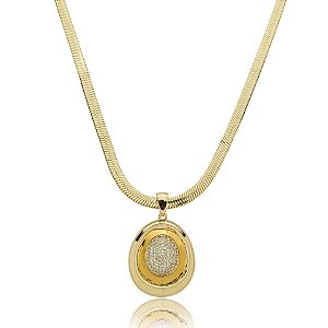 Colar corrente malha oval zircônia ouro semijoia XL2576
