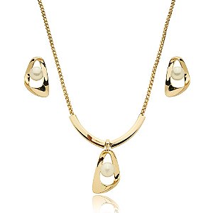 Colar e brinco pérola ouro semijoia XL2575