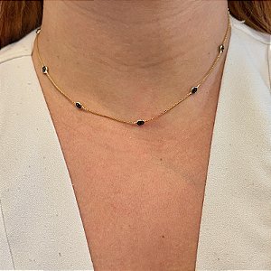 Colar choker zircônia preta ouro semijoia 1242