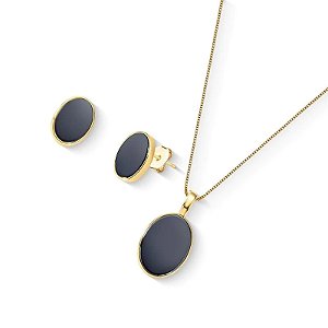Colar e brinco oval pedra natural hematita ouro semijoia