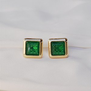 Brinco quadrado cristal verde ouro semijoia