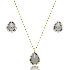 Colar e brinco gota pérola shell grafite zircônia ouro semijoia