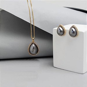 Colar e brinco gota pérola shell grafite zircônia ouro semijoia