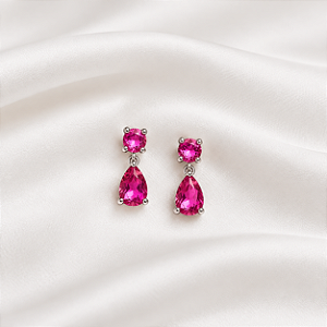 Brinco Prata 925 Gota Cristal Safira Pink