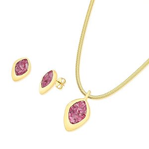 Colar e brinco pedra natural rodonita rosa ouro semijoia
