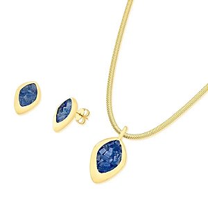 Colar e brinco pedra natural cianita azul ouro semijoia