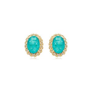 Brinco oval cristal fusion turmalina zircônia ouro semijoia ZH10