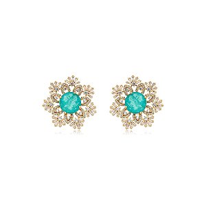 Brinco flor cristal fusion turmalina zircônia ouro semijoia ZH02