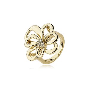Anel orquídea zircônia ouro semijoia