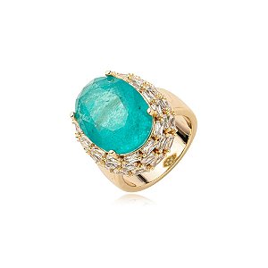 Anel oval cristal fusion turmalina zircônia ouro semijioia ZH11
