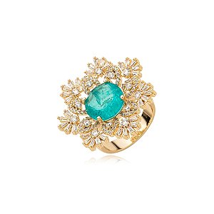 Anel flor cristal fusion turmalina zircônia ouro semijoia ZH01