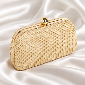 Bolsa Clutch de Palha Bege com Fecho Esfera Dourado