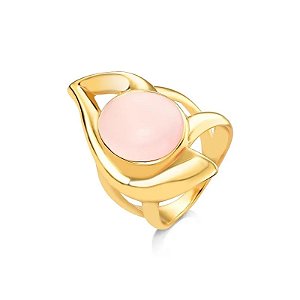 Anel curvado pedra natural quartzo rosa ouro semijoia