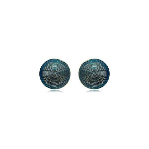 Brinco chapa redonda resina azul ouro semijoia