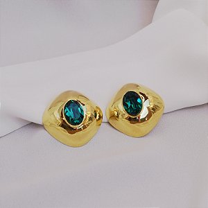 Brinco Nádia Gimenes quadrado cristal esmeralda ouro semijoia